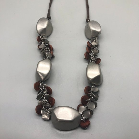 LOFT Jewelry - 3 for $30 LOFT Beaded Statement Necklace Silver Chunky Beads Brown Cord 26"